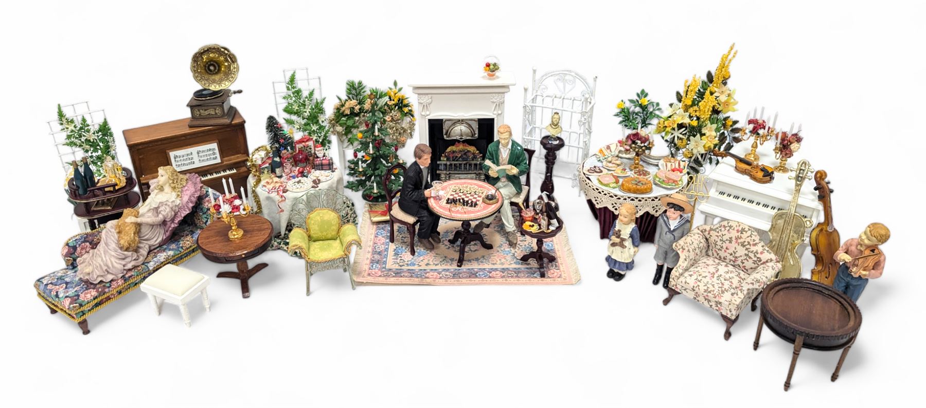 Dolls house furniture, including pianos, fireplace, plants, flower arrangements, tables, chairs, six figures and a collection of instruments and other accessories
