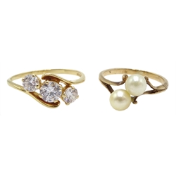 14ct gold three stone cubic zirconia ring, hallmarked and 9ct gold pearl ring