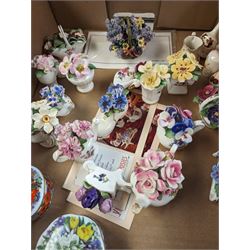 Four Ardleigh Elliott musical trinket boxes and one musical flower basket, four with boxes, together with ceramic flower baskets and posies, by various makers