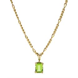 Gold emerald cut peridot pendant, on gold figaro link necklace, both hallmarked 9ct 