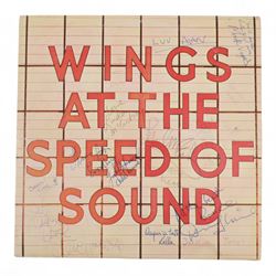 Wings at the Speed of Sound, signed vinyl, Christmas card and birthday card, the vinyl with multiple signatures, including Paul McCartney, Linda McCartney, Denny Laine, Trevor Jones and Laurence Juber, the Birthday card depicting motorbike with a note to the front written in pen reading  'Bruce McKenna 18th July 1978 16yrs', signed to the interior with personal messages including 'All the breast Bruce, Paul McCartney', 'Happy Xmas (with cross through), Happy birthday Bruce Denny Laine', 'Merry Xmas Love Linda McCartney', 'Happy birthday, Laurence Juber', etc, the christmas card showing the five band members dressed as Santa Clause, with one unidentified signature inside

Notes: the vendors lived in Canada in the early 1980s and rented out their house on their return to England. The couple who rented the house had just sold a hotel in Vancouver in which Wings had stayed, and they left the record and cards behind.