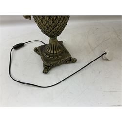 Pair bronzed amphora lamps with pineapple decoration, scroll handles and foliate base with scrolled feet together with pair peach ground shades and raised floral pattern H76cm (2)