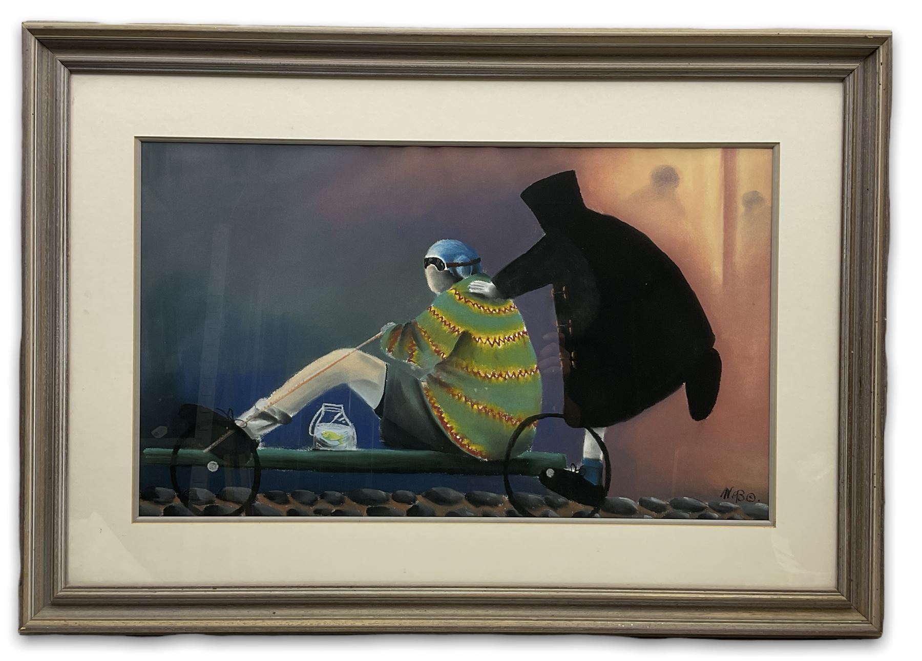 Mackenzie Thorpe (British 1956-): 'I Always Had to Push', pastel on card signed 42cm x 70cm
Provenance: purchased from Halycon gallery Birmingham
Notes: one of Thorpe's earlier pastel originals