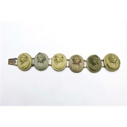  19th Century lava cameo bracelet, decorated with seven oval plaques depicting portraits of Greek mythological figures, L19cm   