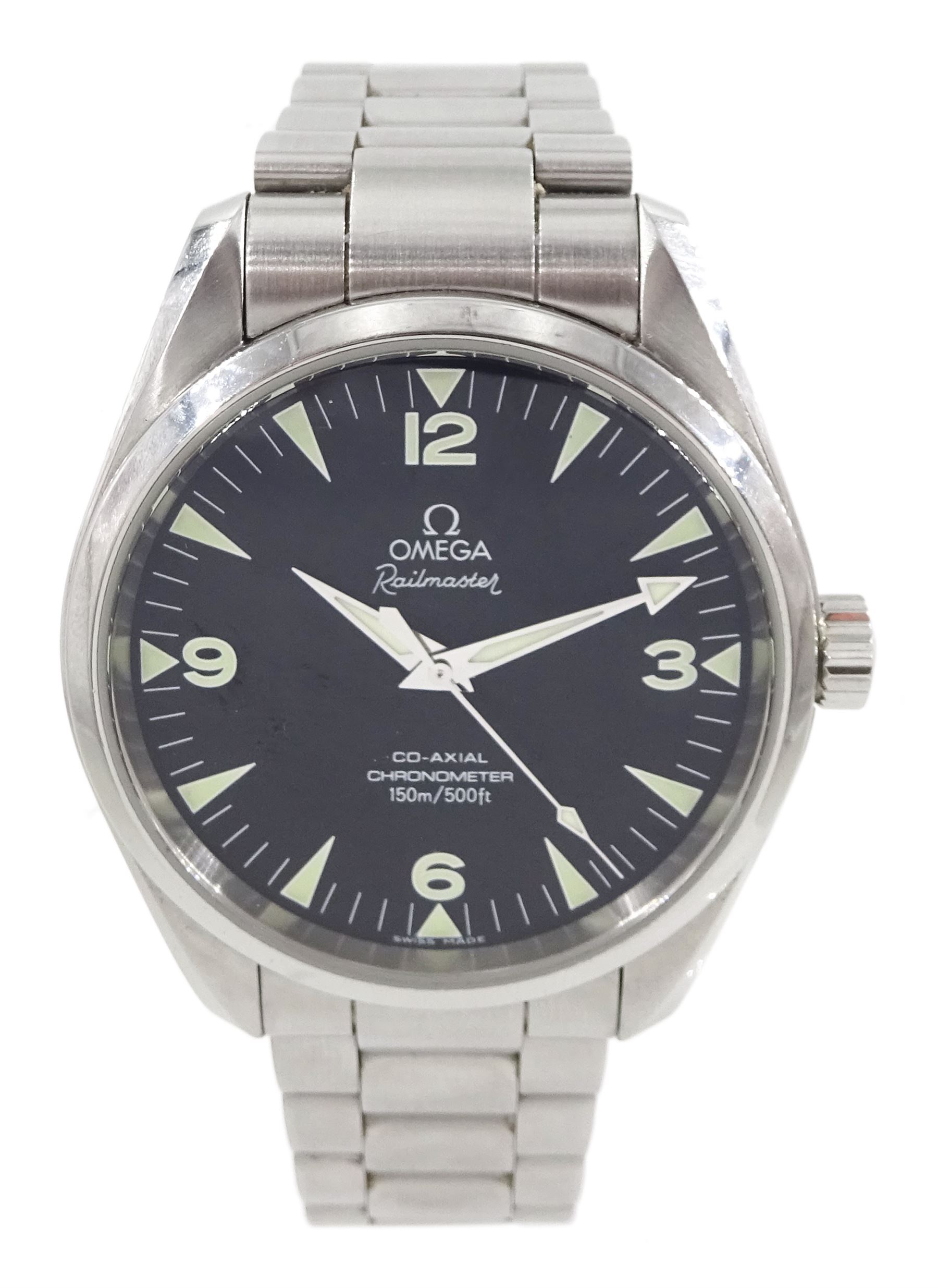 Omega Seamaster Aqua Terra Railmaster gentleman's stainless steel automatic Co-Axial chronometer wristwatch, Ref. 2502.52.00, Cal. 2403, serial No. 81733405, black dial with luminous dagger markers and Arabic quarter numerals, transparent back case, on original stainless steel strap, with fold-over clasp, boxed with papers and additional links
