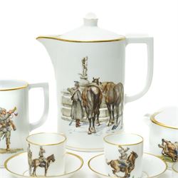 Nymphenburg coffee set painted with WWI military scenes after Hans Kratzer, comprising six coffee cans and saucers, coffee pot, cream jug and covered sugar bowl