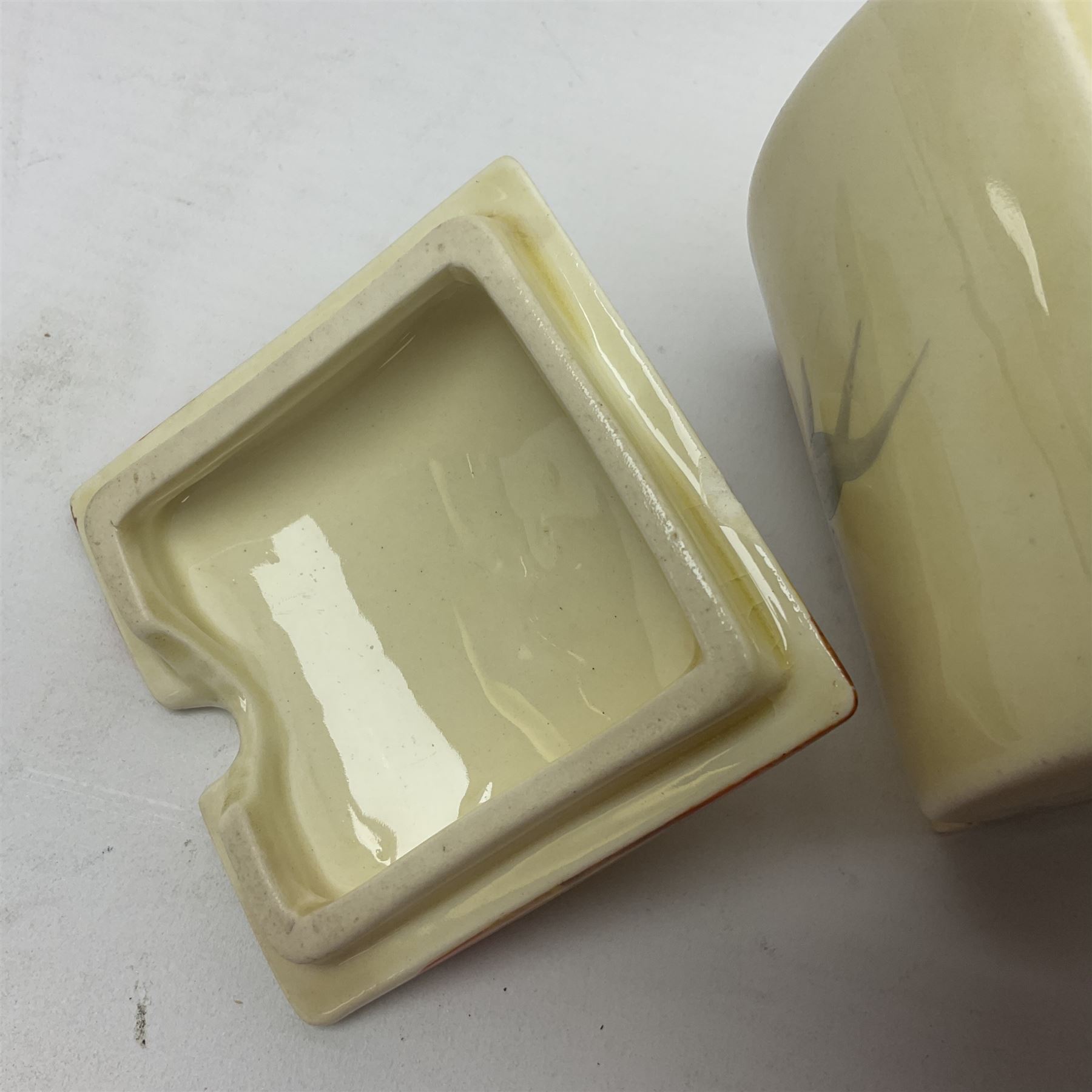 Clarice Cliff Bizarre for Wilkinson Ltd, Bon Jour shape preserve pot with cover, in Rhodanthe pattern, with printed mark beneath, H10.4cm