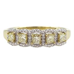 9ct gold five stone princess cut yellow diamond, with round brilliant cut diamond pierced border, hallmarked, total diamond weight approx 0.50 carat