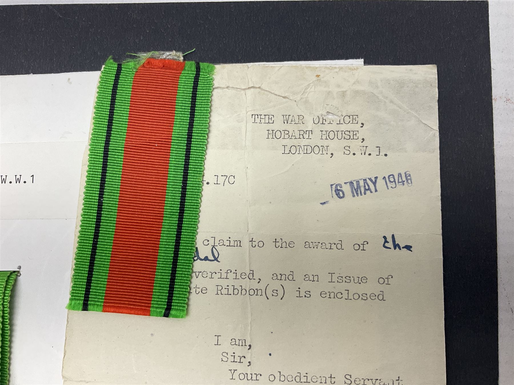 WWI pair of medals comprising British War Medal and Victory Medal awarded to 2nd Lieutenant C.T. Draper; and WWII Defence Medal awarded to Captain C.T. Draper with War Office letter of confirmation; all with ribbons (3)