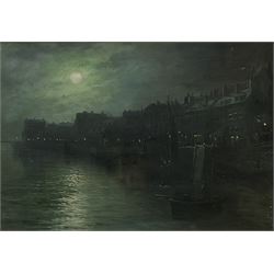 Walter Linsley Meegan (British c1860-1944): Whitby Harbour with the Marine Hotel by Moonlight, oil on canvas signed 24cm x 34cm