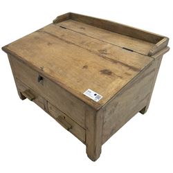 20th century reclaimed hardwood box, sloped hinged top enclosing candle box and main compartment, two drawers fitted to base