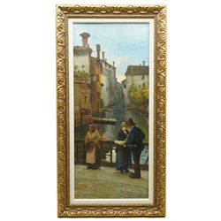 After Angelo Dall’Oca Bianca (Italian 1858-1942): Figures on a Street in Venice, oil on canvas bearing signature 74cm x 32cm