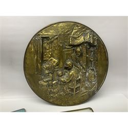 Tapestry fire screen, together with walking sticks, barometer, brass charger etc 