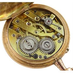 Swiss 14ct gold open face keyless cylinder ladies fob watch, white enamel dial with Roman numerals, guilloche red enamel decorated with Fleur de Lys and split seed pearl surround, case No. 285674 with Swiss export hallmarks and engraved horse, with German silver red enamel and split pearl bow attachment stamped 800, in personalised silk lined case by J.C Vickery, Regent street