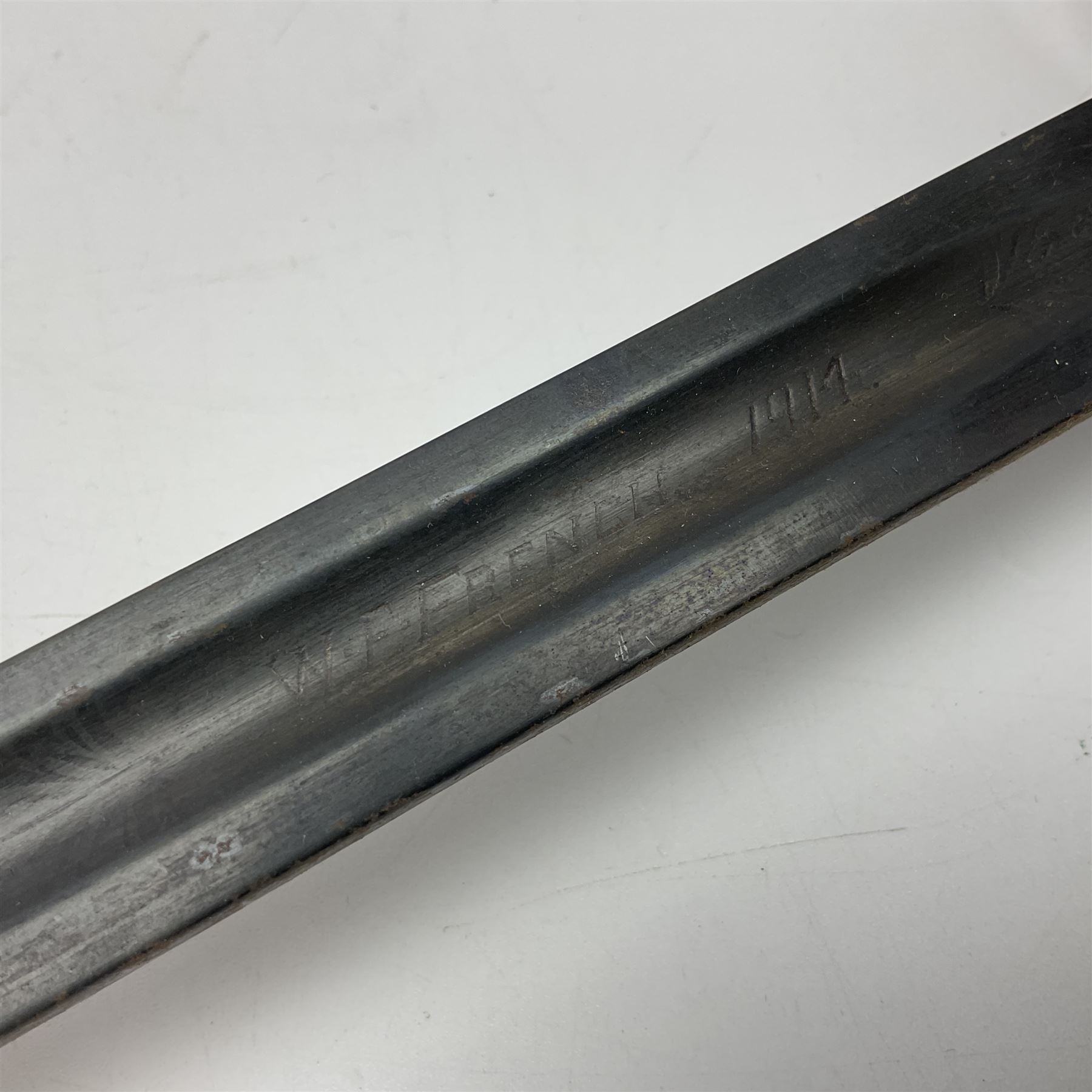 WW1 British Army 1897 Pattern Officers Sword, the 80cm fullered steel blade with traces of decoration and inscribed 'W.E. French 1914'; the basket hilt pierced with the George V cypher and wire-bound fish-skin grip L97cm overall; and WW1 British 1821 pattern Royal Artillery officer's sword with three-bar hilt; both lacking scabbard (2)