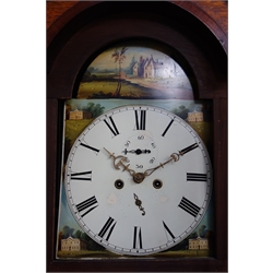  Early 19th century oak and mahogany longcase clock, eight day movement striking on bell with enamel painted dial decorated with country scenes, H226cm  
