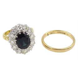 18ct gold and platinum oval sapphire and round brilliant cut diamond cluster ring, stamped, sapphire approx 2.80 carat, total diamond weight approx 1.00 carat and a 9ct gold band, hallmarked