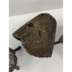 Collection of three mid 20th century stools by Jack Grimble of Cromer - rectangular tooled oak seat on four splayed supports (38cm x 31cm, H35cm), circular tooled burr oak seat on three supports (D29cm, H35cm), shaped burr top on three supports (L44cm, H45cm), each signed underneath