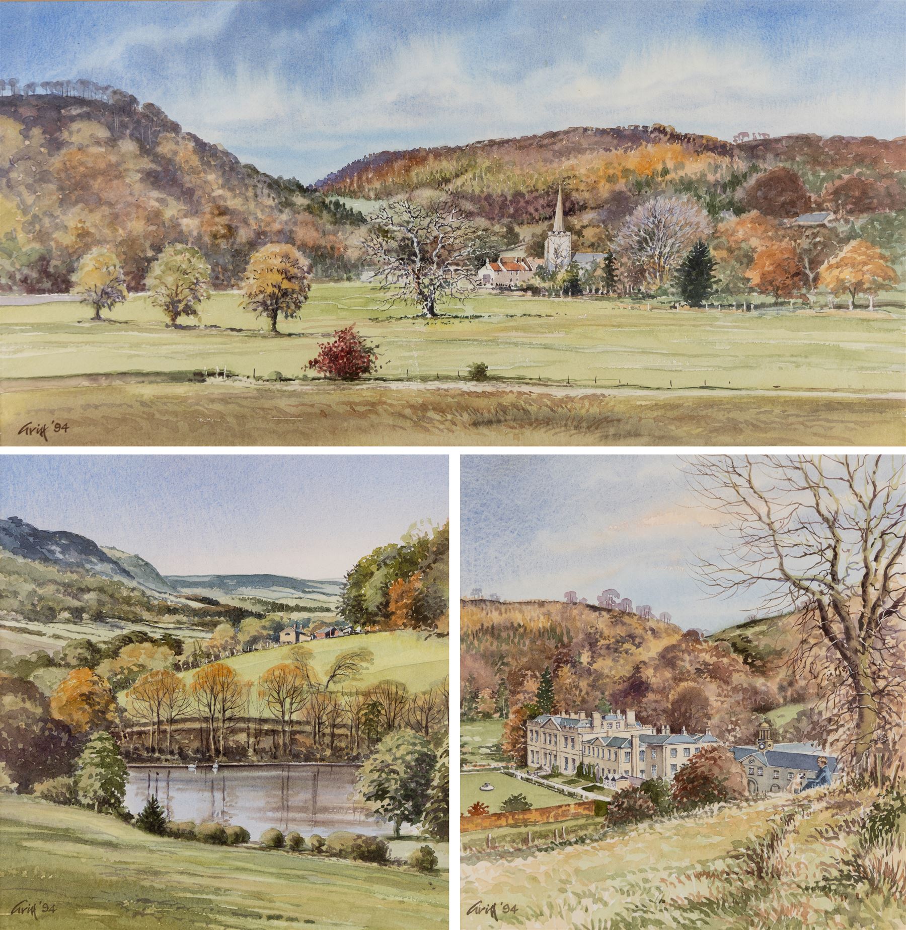 George 'Griff' Griffiths (British 1939-2017): 'Hackness Church from Hackness Park' 'Hackness Hall Lake Towards Langdale End' and 'Hackness Hall', triptych of watercolours signed Griff and dated '94, max 26.5cm x 54cm (3)