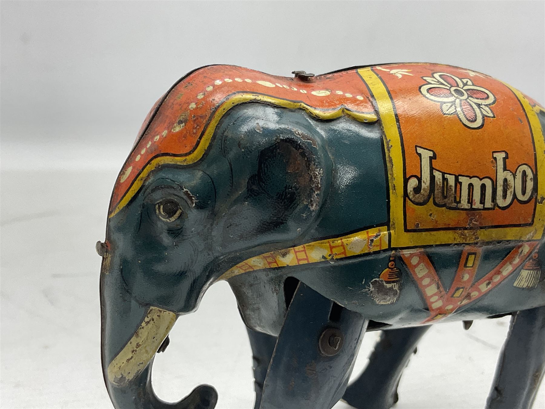 German Blomer and Schuler 'Jumbo' Elephant clockwork tinplate figure, marked 'D.R.P. DRGM Made in Germany', complete with key H9.5cm