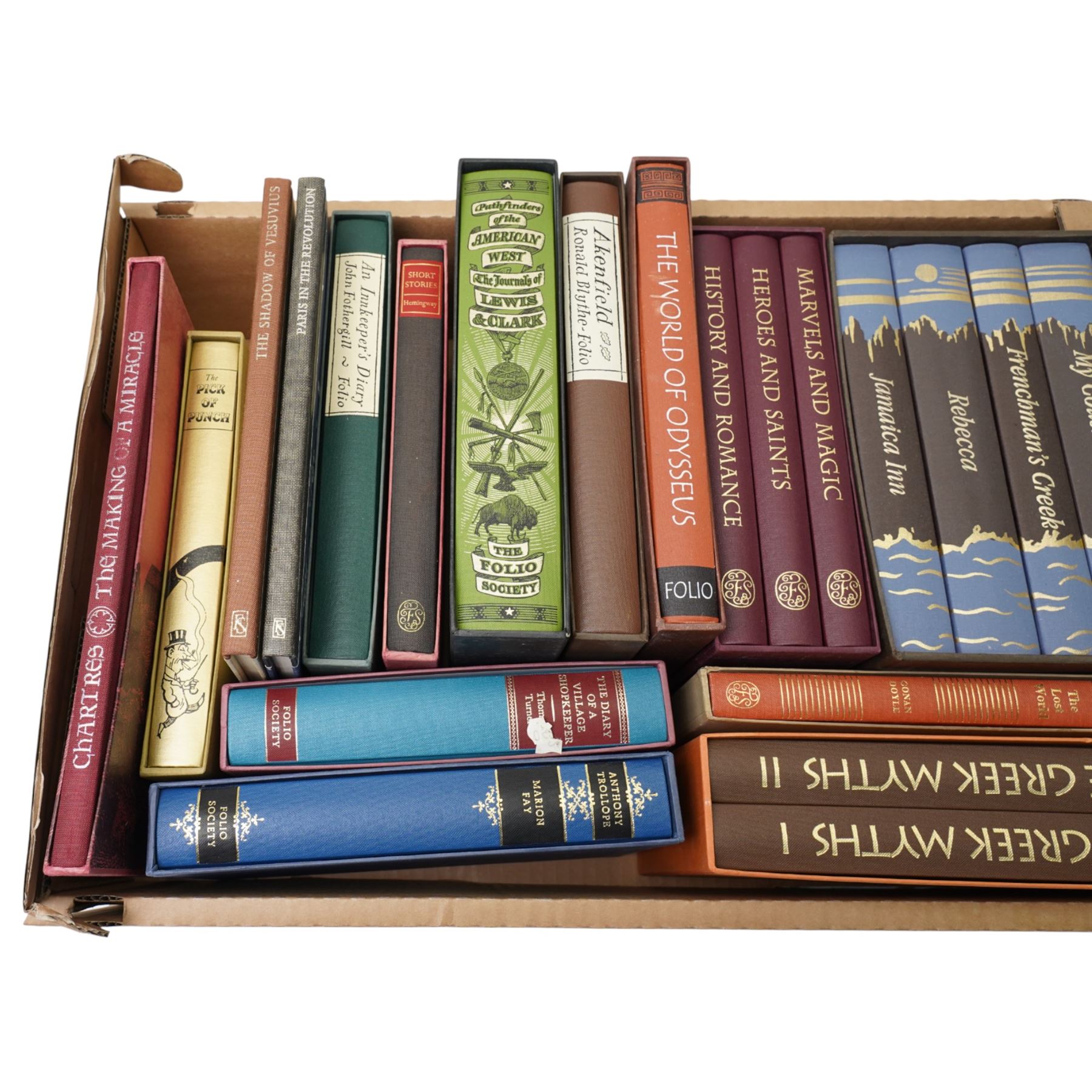 Folio Society volumes including Du Maurier 'Four Cornish Novels', 'British Myths and Legends' three volumes, 'Pick of Punch' and others mostly in slip cases