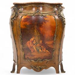Early 20th-century Louis XV revival Vernis-Martin style bombe-shaped kingwood cabinet, serpentine-shaped variegated Breccia Pernice marble top with moulded edge, the front panel decoration with a painted romantic pastoral scene, interior with two shelves, flanked by gilt bronze masks, sides with diagonally book-matched veneer, bordered by gilt bronze scrolling acanthus mounts, raised on short cabriole form legs with gilt-bronze sabots, key included 