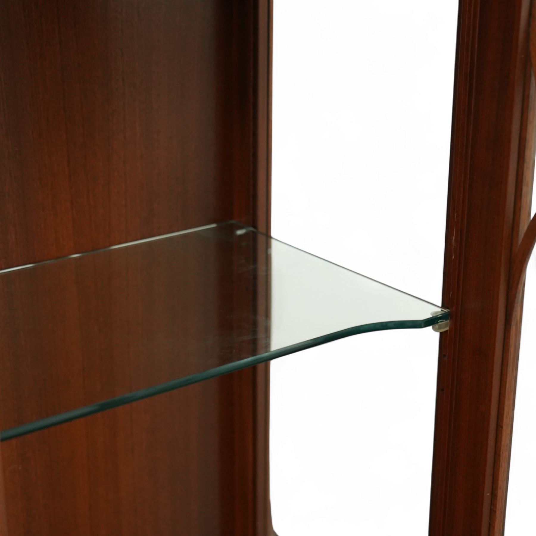 20th century Georgian design mahogany display cabinet with illuminated interior, dentil moulded cornice over twin astragal glazed doors enclosing glass shelves, lower panelled cupboard doors, on shaped bracket feet