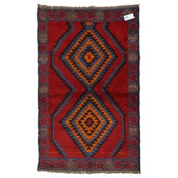 Afghan hand-knotted wool rug, two central stepped medallions in madder red, indigo, and oc...