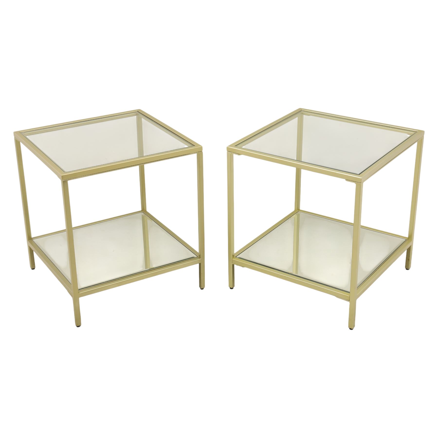 Modern pair of brass finish and glass bedside stands, each of square form with clear glass top, glazed sides and mirrored under tier, enclosed by a square section brass finish metal frame, raised on short square supports