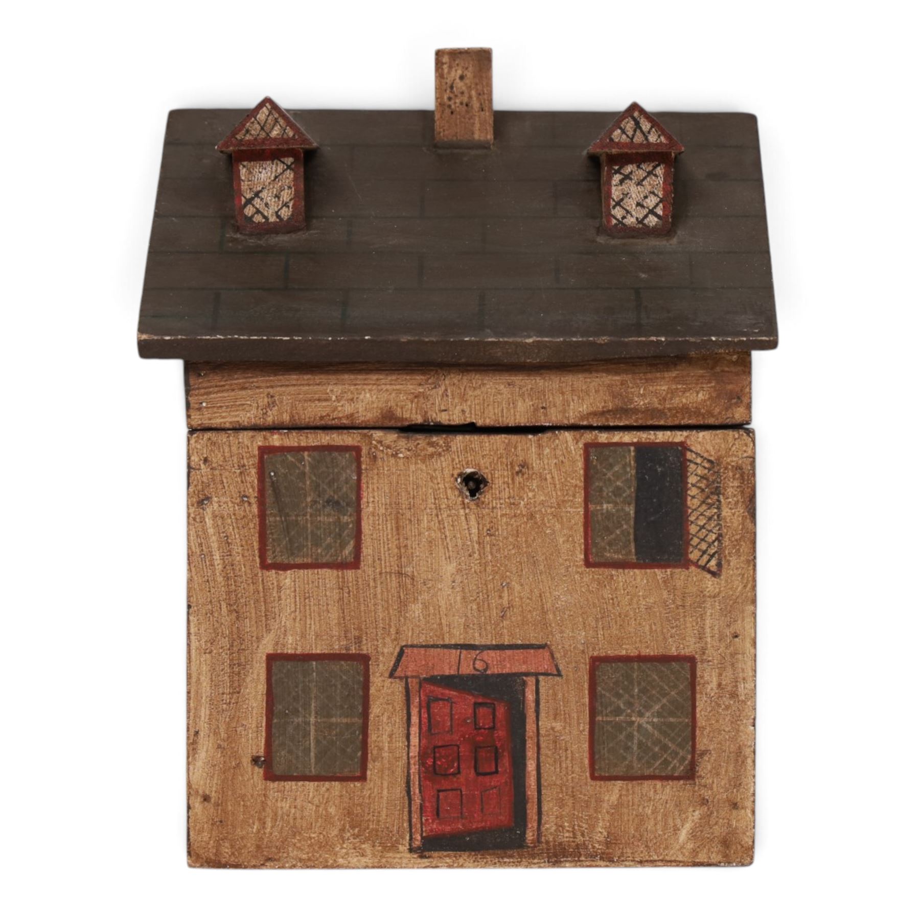 Wooden box in the form of a house, with hand painted details, H23cm