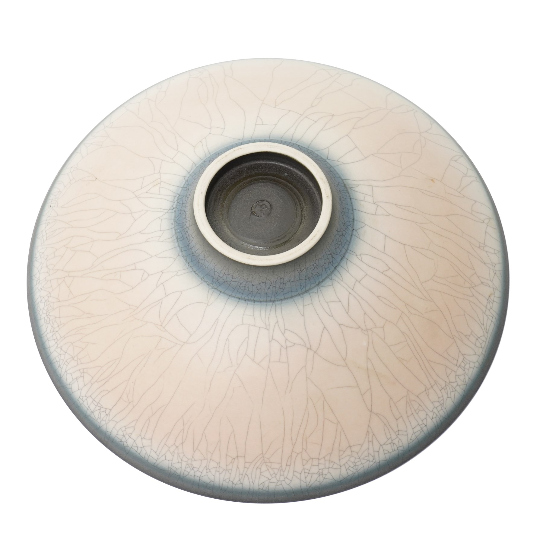 David James White (British 1934-2011): crackle studio pottery footed bowl in peach and grey, impressed marks to base, D29cm 