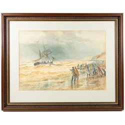 John C Syer (British 1844-1912): Rescuing a Ship at Upgang near Whitby, watercolour signed, indistinctly titled beneath the mount 46cm x 67cm