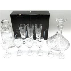 Set of six Waterford Crystal sherry glasses, together with three Stuarts Crystal Glengarry pattern flutes, a Stuart Crystal ships decanter, and an Edinburgh Crystal square section decanter. 