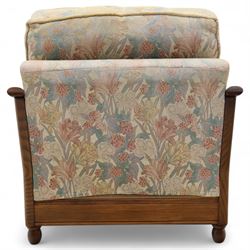 Ercol – bergère four piece suite, including armchair, two seat sofa, three seat sofa and footstool, all with removable floral upholstered cushions, the frames with side caning and rounded arm supports in stained beech

Three seat (H 87cm, D 89cm, W 196cm)
Two seat (H 87cm, D 89cm, W 137cm)
Armchair (H 87cm, D 89cm, W 87cm)
Footstool (H 28cm, D 55cm, W 55cm)