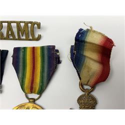 WWI RAMC Military Medal group of four comprising MM awarded to 439278 Pte. R.W. Sainsbury 1/3 S.M.F.A. R.A.M.C. T.F., British War Medal, Victory Medal and 1914-15 Star awarded to 2160 Pte. R.W. Sainsbury R.A.M.C.; all with ribbons; together with RAMC shoulder title
