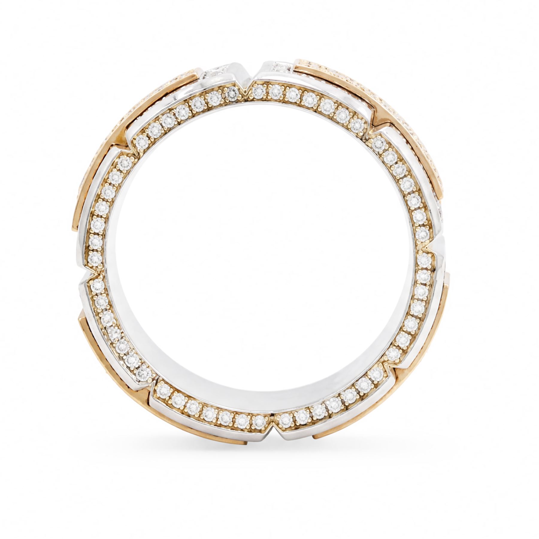 Platinum and 18ct gold diamond ring, eight platinum panels pave set with diamonds, linked by four diamond set horizontal panels, each with screw decoration, total diamond weight approx 2.80 carat