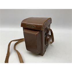 Minolta Autocord camera,serial no. 192659, 'View- Rokkor 1:32 f=75mm no.1986165' lens and 'Chiyoko Rokkor 1:3.5 f=75mm lens no.1400117' in brown leather case