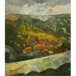 Steve Husband (Yorkshire contemporary): Moorland Landscape with Houses, oil on canvas signed and dated '98, labelled verso 121cm x 96cm