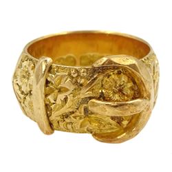 Early 20th century 18ct gold buckle ring, with engraved floral decoration to band, by William Lewis, Birmingham 1915