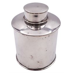 1920's silver tea caddy, of plain cylindrical form, hallmarked Mappin & Webb Ltd, London 1920, H9cm, approximate weight 3.66 ozt (114 grams)