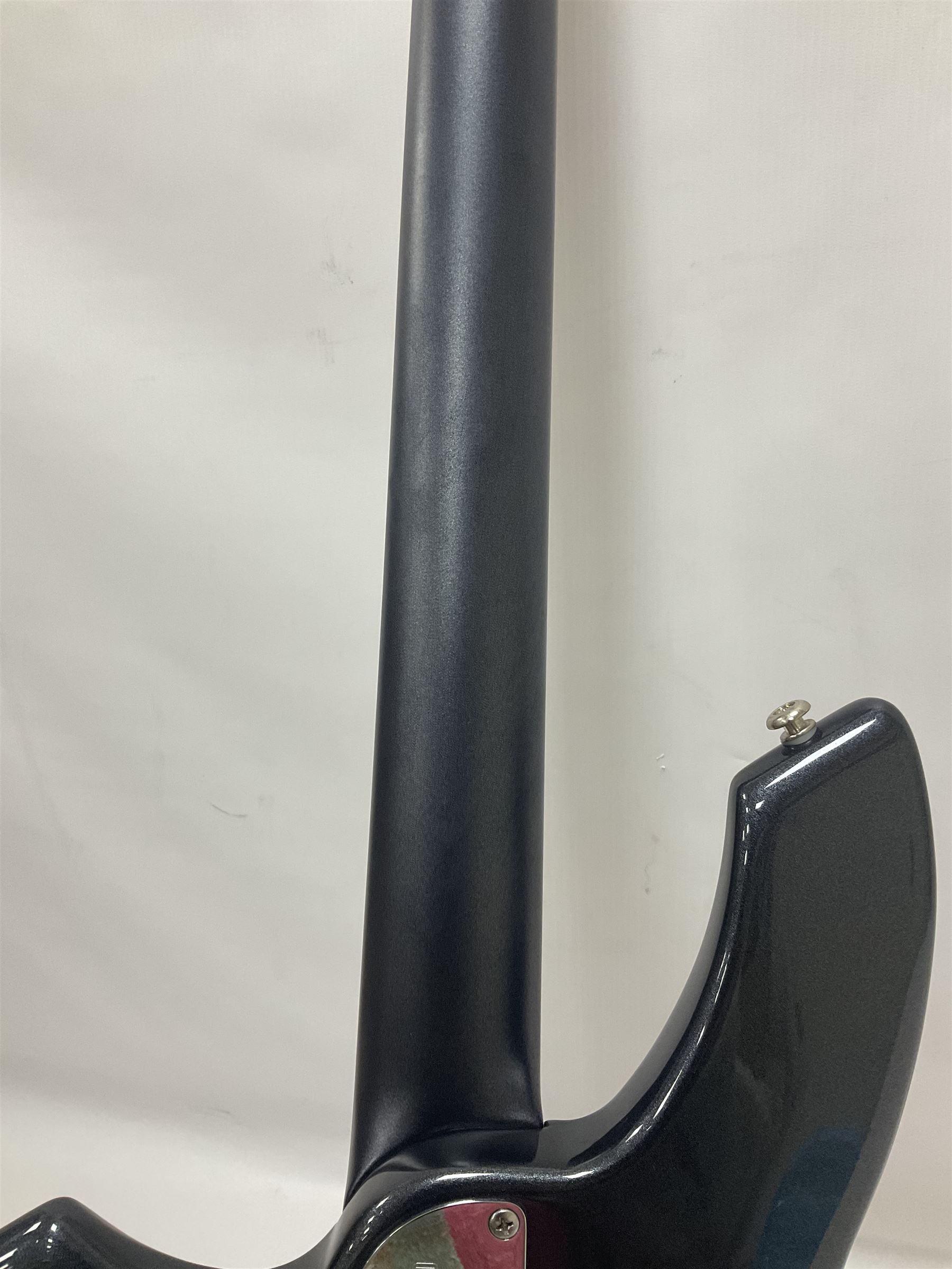 Music Man Bongo 4 string bass guitar, in sapphire black finish, serial no F42547, in black Music Man hard case, guitar L113cm