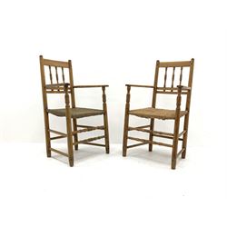 Set six early 19th century 'Whitby' country elm dining chairs, plain cresting rail over spindle turned backs, turned supports connected by stretchers, two carvers and four side chairs