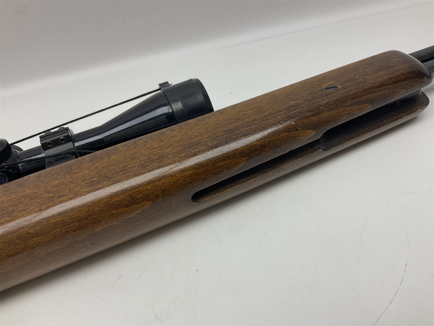 Weihrauch model HW 77 K  .22 air rifle with under lever action, beech stock with chequered pistol grip and Tasco WA39x40-1 scope, serial no.1283661 L102cm overall NB: AGE RESTRICTIONS APPLY TO THE PURCHASE OF THIS LOT