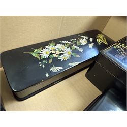 Papier mache boxes, including glove box, jewellery box and two square boxes and a crumb tray