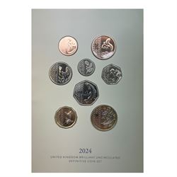 Seven The Royal Mint United Kingdom uncirculated coin sets, comprising  2008 'Emblems of Britain' seven coins, 2010 'A celebration of Britain' eight coins, 2014 'Definitive' eight coins, 2015 'The Fourth Circulating Coinage Portrait Final Edition' eight coins, 2022 'Definitive' eight coins, 2023 'King Charles III Definitives' eight coins and 2024 'Definitive' eight coins, all in card folders