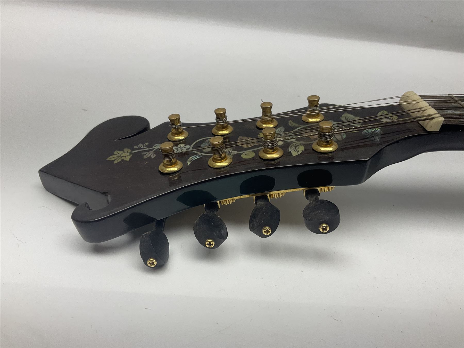 Eastern eight-string F-hole mandolin with blue sunburst finish and mother-of-pearl inlay of flowers and birds L69cm