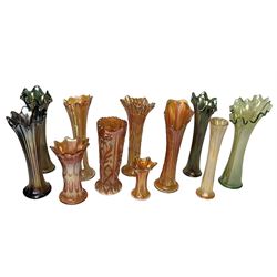 Collection of carnival glass trumpet vases and similar, largest H32cm