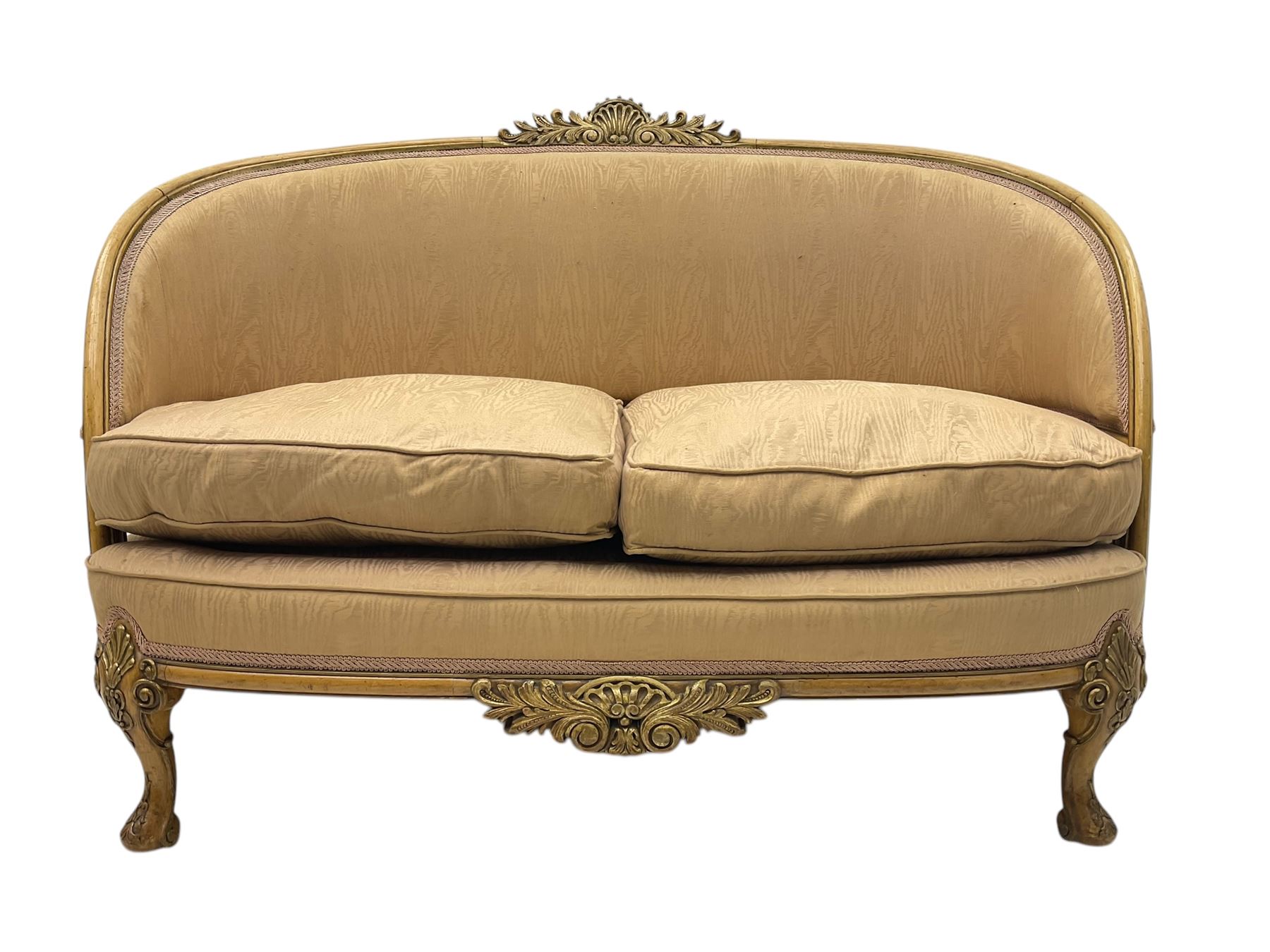 French Louis XV design walnut framed sofa, tub-shaped upholstered back with gilt foliate carved crest, padded seat with twin loose cushions, raised on cabriole supports with shell and acanthus leaf carvings