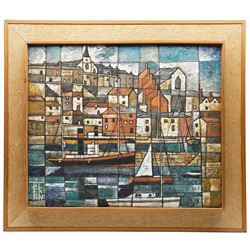 Ken Law (British 1919-1988): Harbour Town, mixed media on board signed with monogram 61cm x 72.5cm