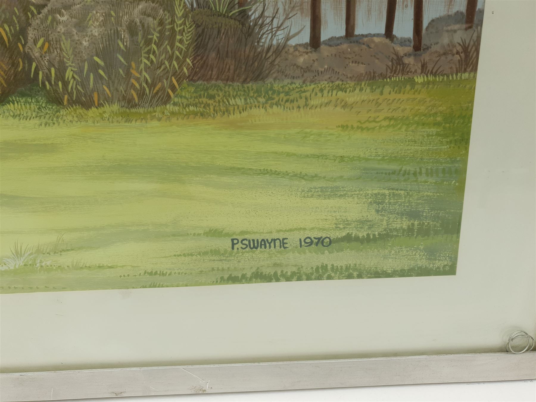 P Swayne (British 20th century): Geese in a River Landscape, oil on panel signed and dated 1970, 64cm x 144cm